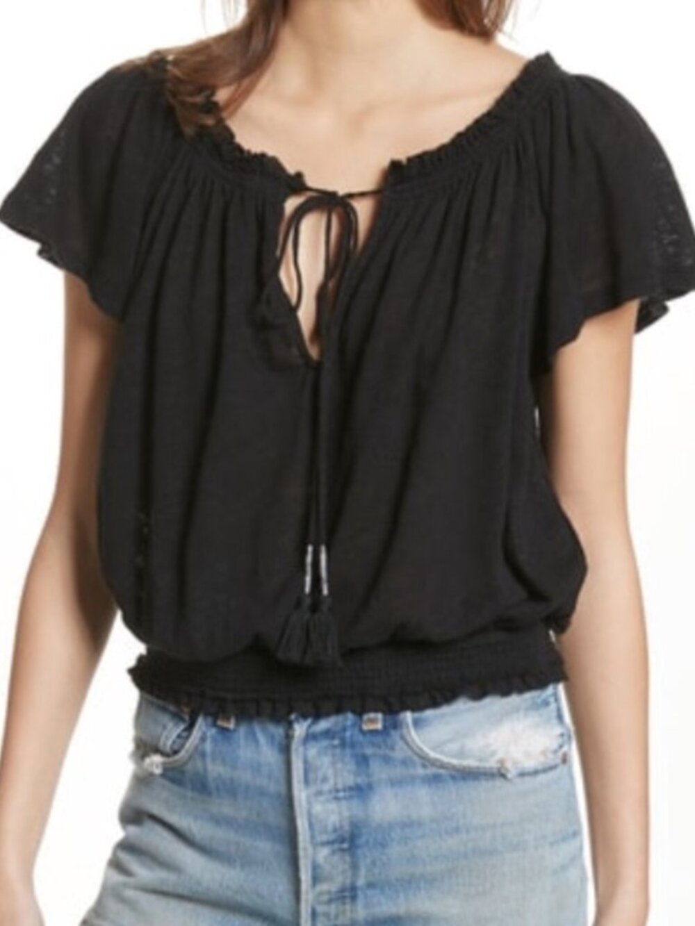 Free People We the Free Black Peasant Ruffled Hummingbird Tee Blouse Top